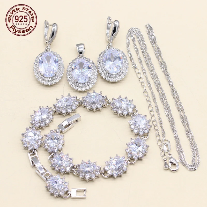 925 Silver Necklace Pendant Earrings Bracelet Bridal Jewelry Set for Women Christmas Gift Oval White Semi-Precious | Украшения и