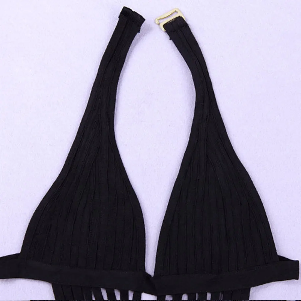 

Halter Backless Black Mesh 2016 New Arrival Rayon One Piece High Waist Sexy Women Knitted Bandage Beach Swimwear