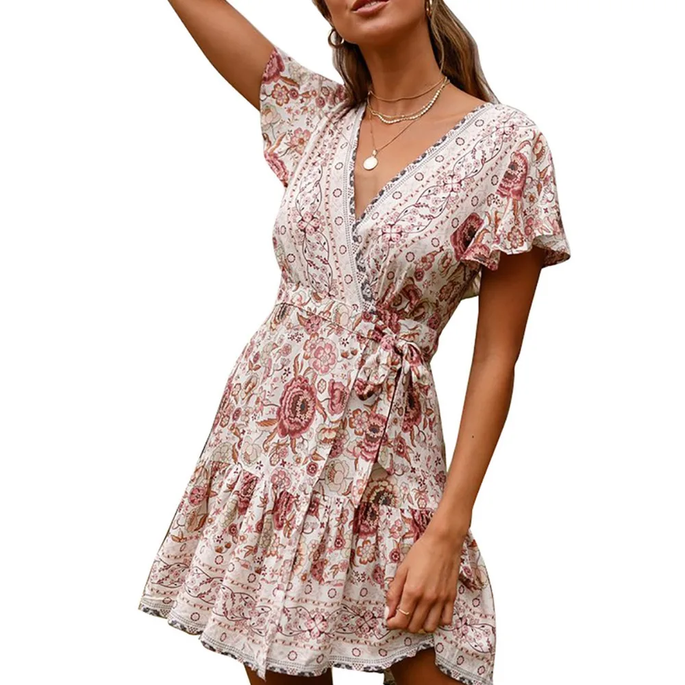 2019 Новое Женское повседневное пляжное платье с принтом Платья коротким рукавом