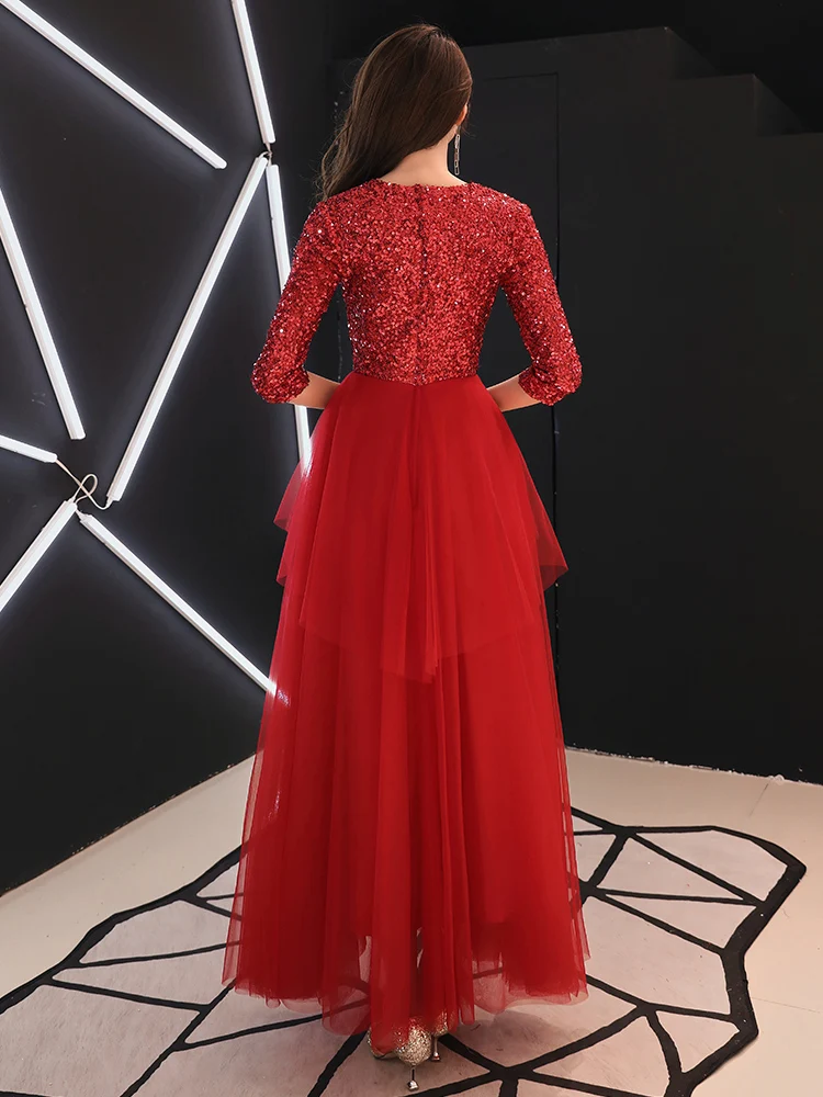 Robe De Soiree Evening Dress 2019 Shiny Sequined O-neck Tiered Pleat Wine Red Dinner Gowns LF414 | Свадьбы и торжества