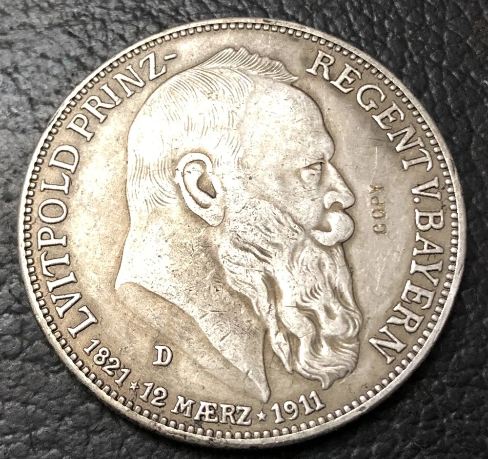 1911-D Королевство Bavaria 5 Mark-Otto Посеребренная Имитация монеты