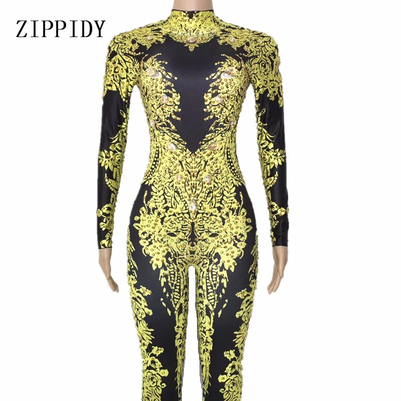 Gold Rhinestones Printed Jumpsuit Women's Birthday Party Dance Wear Nightclub Female Singer Show Leggings Outfit Sexy Clothes