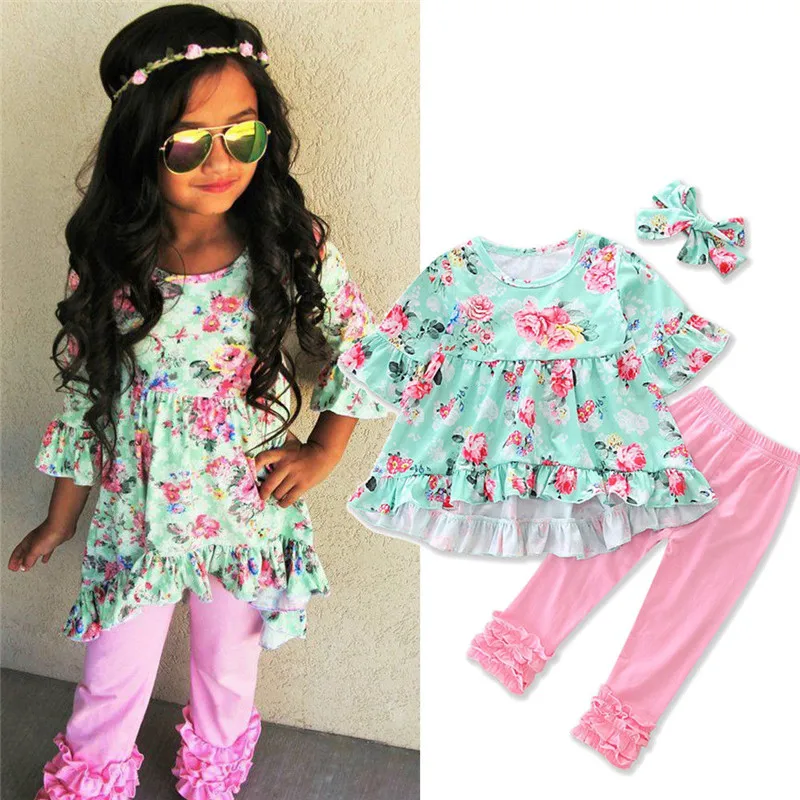 3 шт. футболка с открытыми плечами и брюки цветочным принтом|outfit fashion|kids baby girlkids |