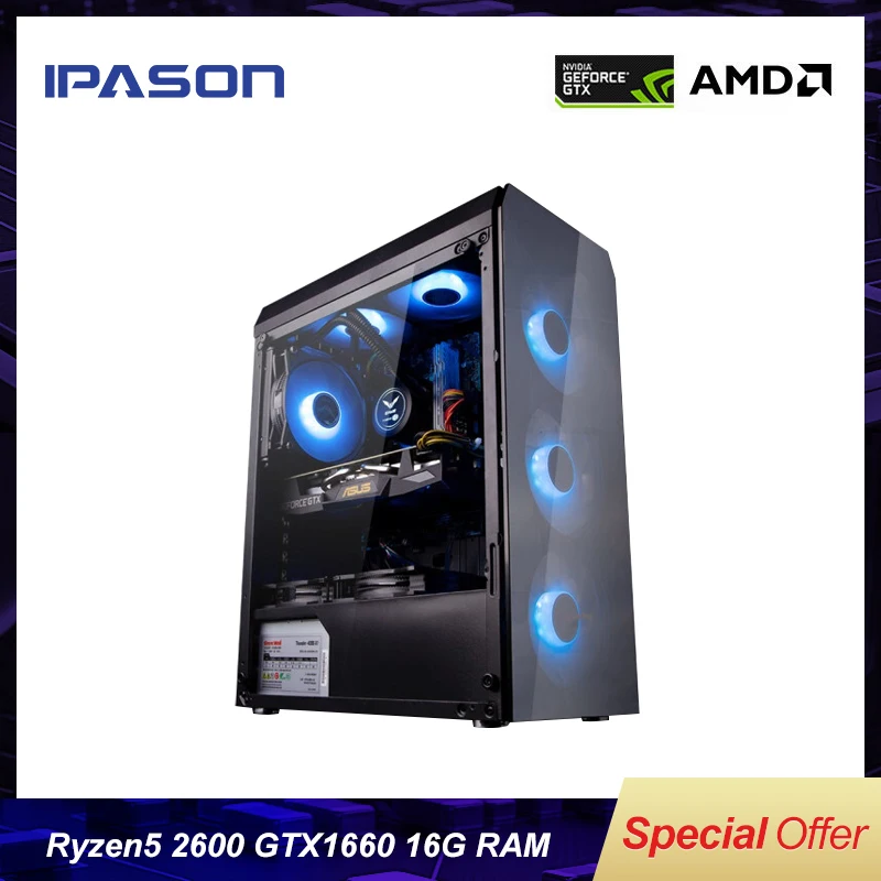 6-ядерный игровой ПК IPASON AMD Ryzen5 2600/DDR4 16G ram/1 T+ 120 GSSD выделенная карта GXT1660 6G PUBG геймеры win10 barebone Настольный ПК