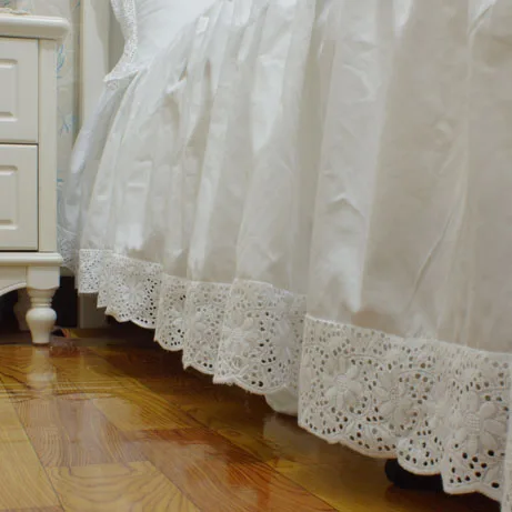 Белая сатиновая юбка для кровати из 100% хлопка с вышивкой цельная плиссированная