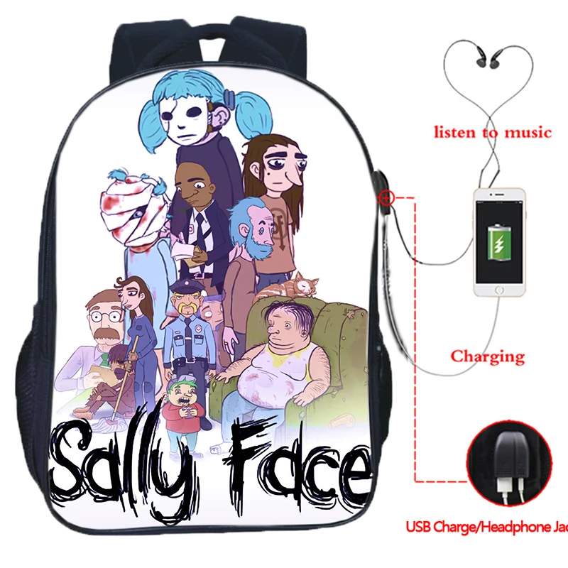 Sally Face USB зарядка школьные сумки подростковый рюкзак для ноутбука Хип-Хоп сумка повседневные дорожные сумки 16 дюймов Mochila