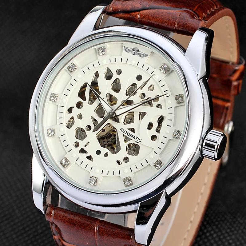 

WINNER Hollow Self-Winding Mechanical Wristwatches Engrave Skeleton Mens Leather automatic mechanical watches Relojes Mecanicos