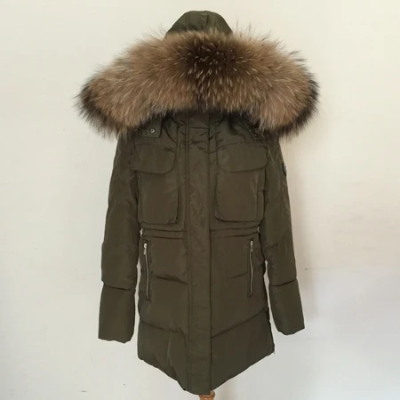 green 15cm fur YEYELANA, высокое качество, большой натуральный мех,, зимняя куртка для женщин, натуральный мех енота, воротник с капюшоном, плотное пальто, женская зимняя парка - Цвет: green 15cm fur