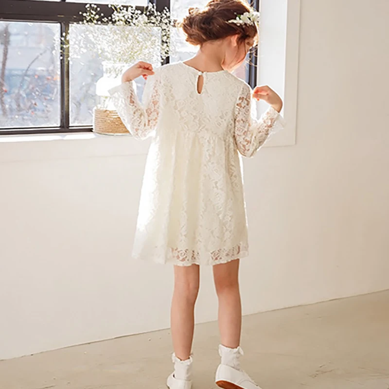 Новое платье для девочек кружевное с длинными рукавами на весну-лето бежевое