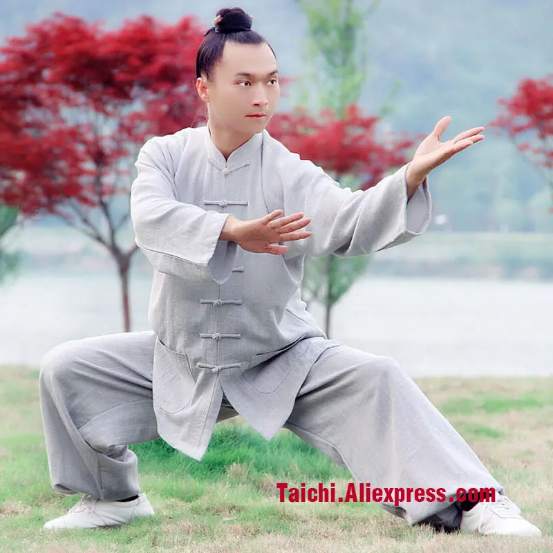 Long Sleeved  Male Handmade  Linen Tai Chi Uniform Wushu Kung Fu shaolin Training Suit Color Gray green brown wine