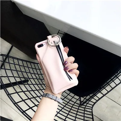 softpink Чехол-кошелек из искусственной кожи с узором Личи на молнии с кольцом для iPhone 7 7 plus, Capas для iPhone 6, 6 plus, 6s, 6s plus, 8, 8 plus, X - Цвет: softpink