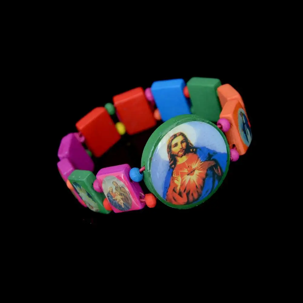 Кристиан Красочные Прямоугольник Бисера Упругие Браслеты Вуди Четки Иисус