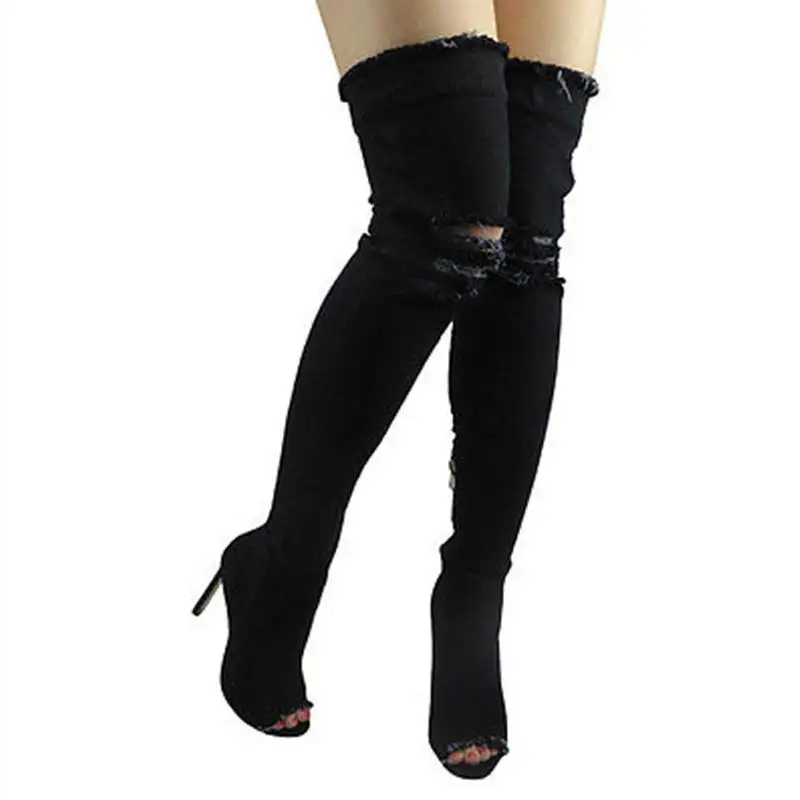 Джинсовые сапоги женские облегающие высокие 2018 зимние женская обувь на высоком