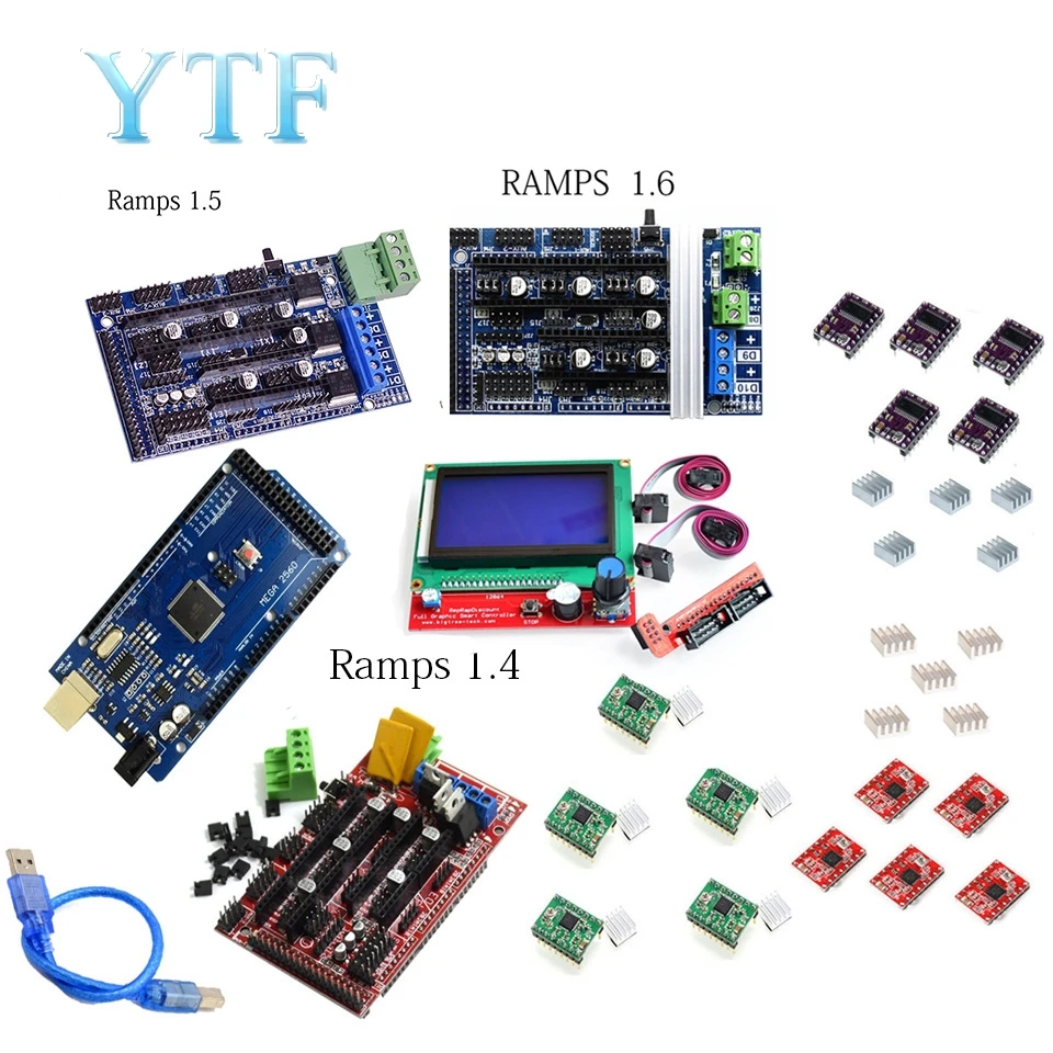 Мега 2560 R3+ 1 шт. ПЛАТФОРМЫ 1,4/1,5/1,6 Управление;+ 5 шт. A4988 Драйвер шагового двигателя Модуль/12864 ЖК-дисплей Управление 3D-принтеры комплект