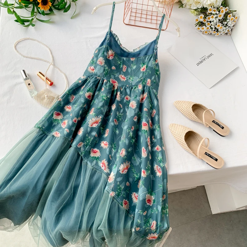 Женское шифоновое платье на бретелях летнее асимметричное Сетчатое в стиле