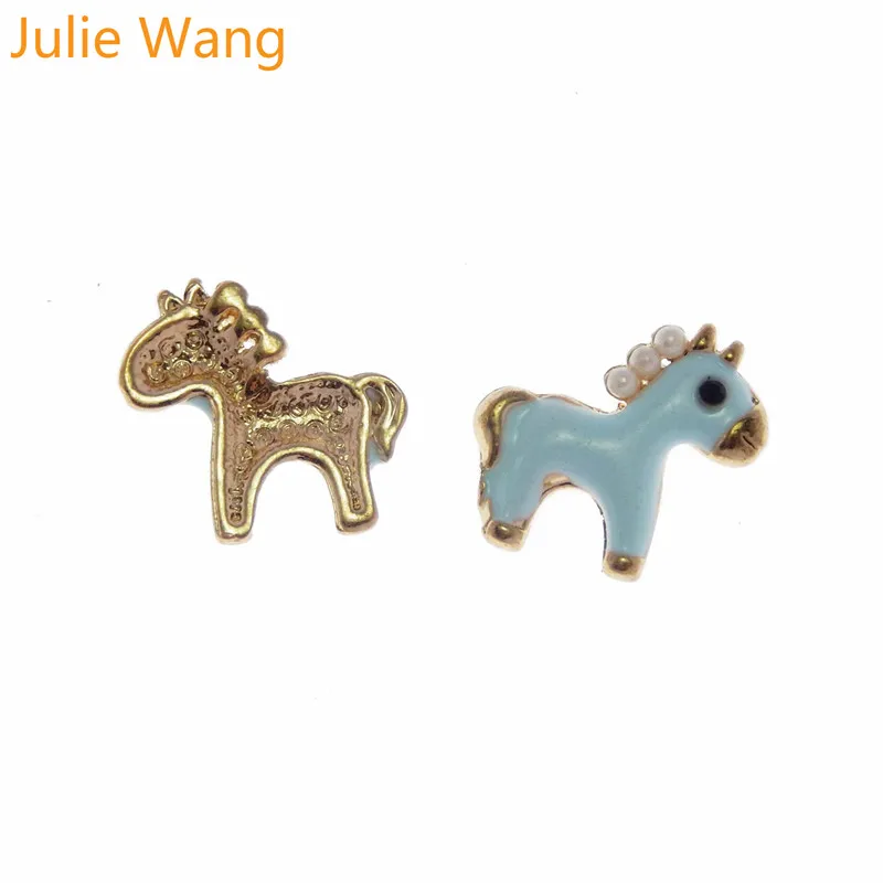 Julie Wang 5 шт. Золотая основа из сплава с синей эмалью жемчугом лошадью маленьким Foal