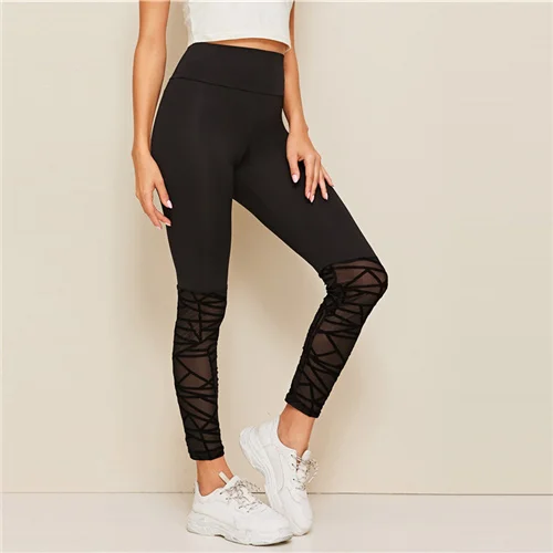 Черный SweatyRocks, флокированные леггинсы с сетчатым подолом, обтягивающие леггинсы для активного отдыха, женские черные леггинсы для активного отдыха,, летние повседневные леггинсы для тренировок - Цвет: Черный