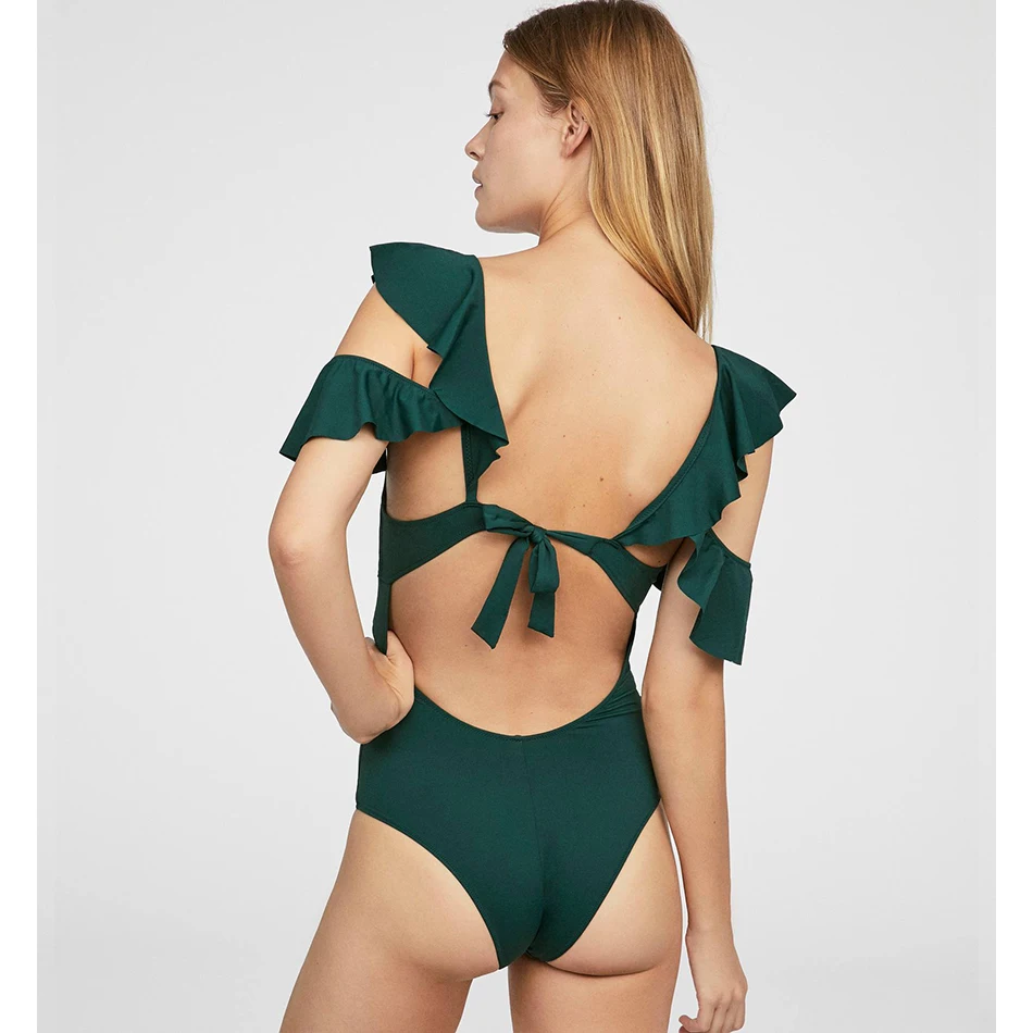 Женский Цельный купальник с оборками пуш ап Одноцветный купальный костюм и