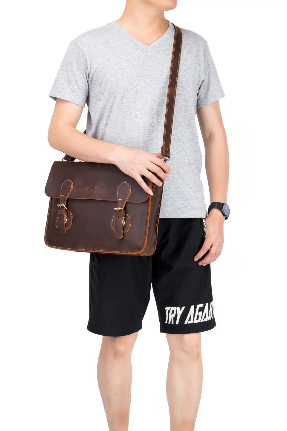 LAOSHIZI LUOSEN Men's Vintage Crazy Horse Leather Briefcase Messenger Shoulder Portfolio Laptop Bag Case Office Handbag
