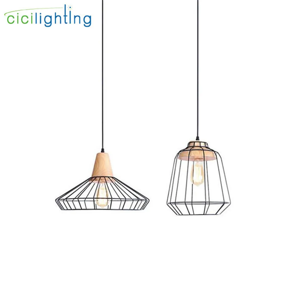 

Nordic Geometric Pendant Light Wit Metal Cage Shade, Modern Industrial Wood Holder Hanging Lighting Fixture