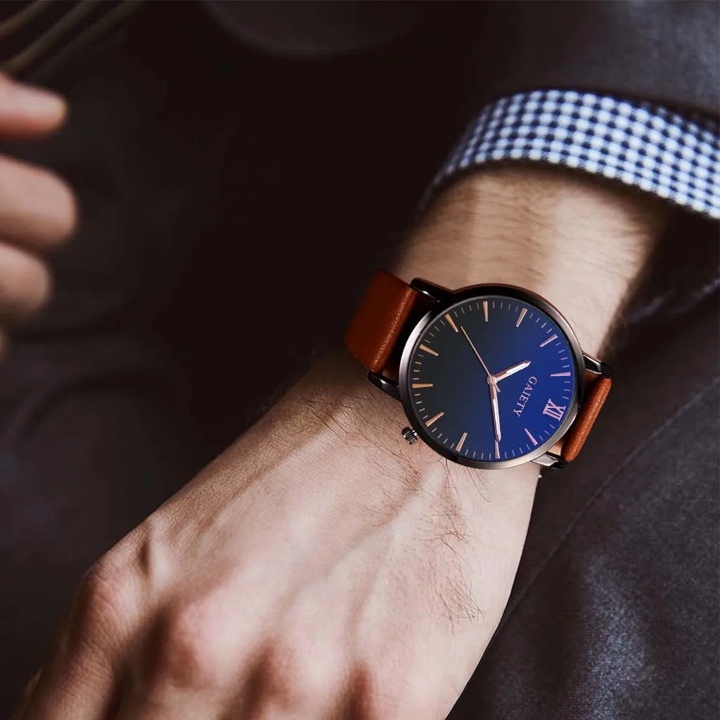 Модные простые мужские часы наручные с синим стеклом деловые кварцевые