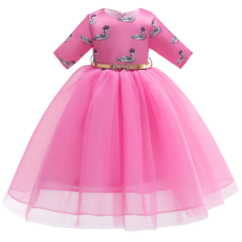 New Top Style Kids Dress For Girls spring Summer Girl's Mesh Wedding Party Swan Printed Midsleeve Clothes | Детская одежда и