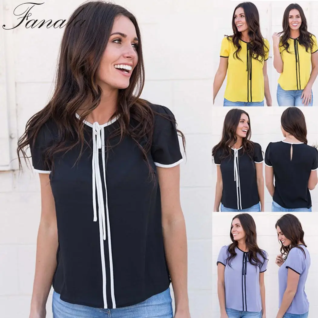 Шифон Повседневное короткий рукав лоскутное кнопку назад Для женщин Тонкий