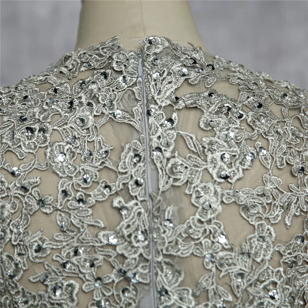 

Gray Prom Dresses A-line High Collar Cap Sleeves Chiffon Lace Beaded Women Long Prom Gown Evening Dresses Robe De Soiree
