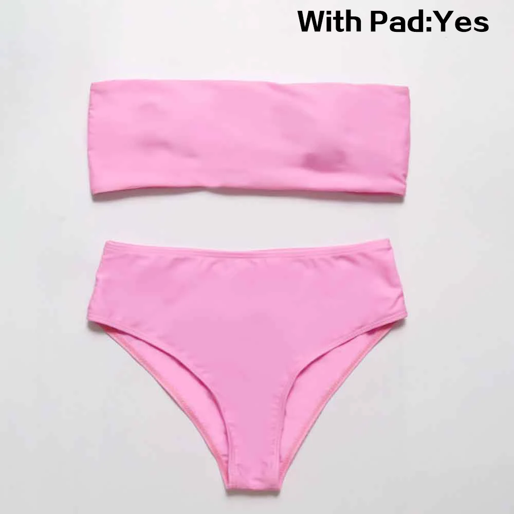 Pink belt pad Сексуальный бикини, Женский комплект бикини, с открытыми плечами, Одноцветный, бандаж, пуш-ап, мягкий купальник, купальник, пляжная одежда, плюс размер, новинка, бикини - Цвет: Pink belt pad