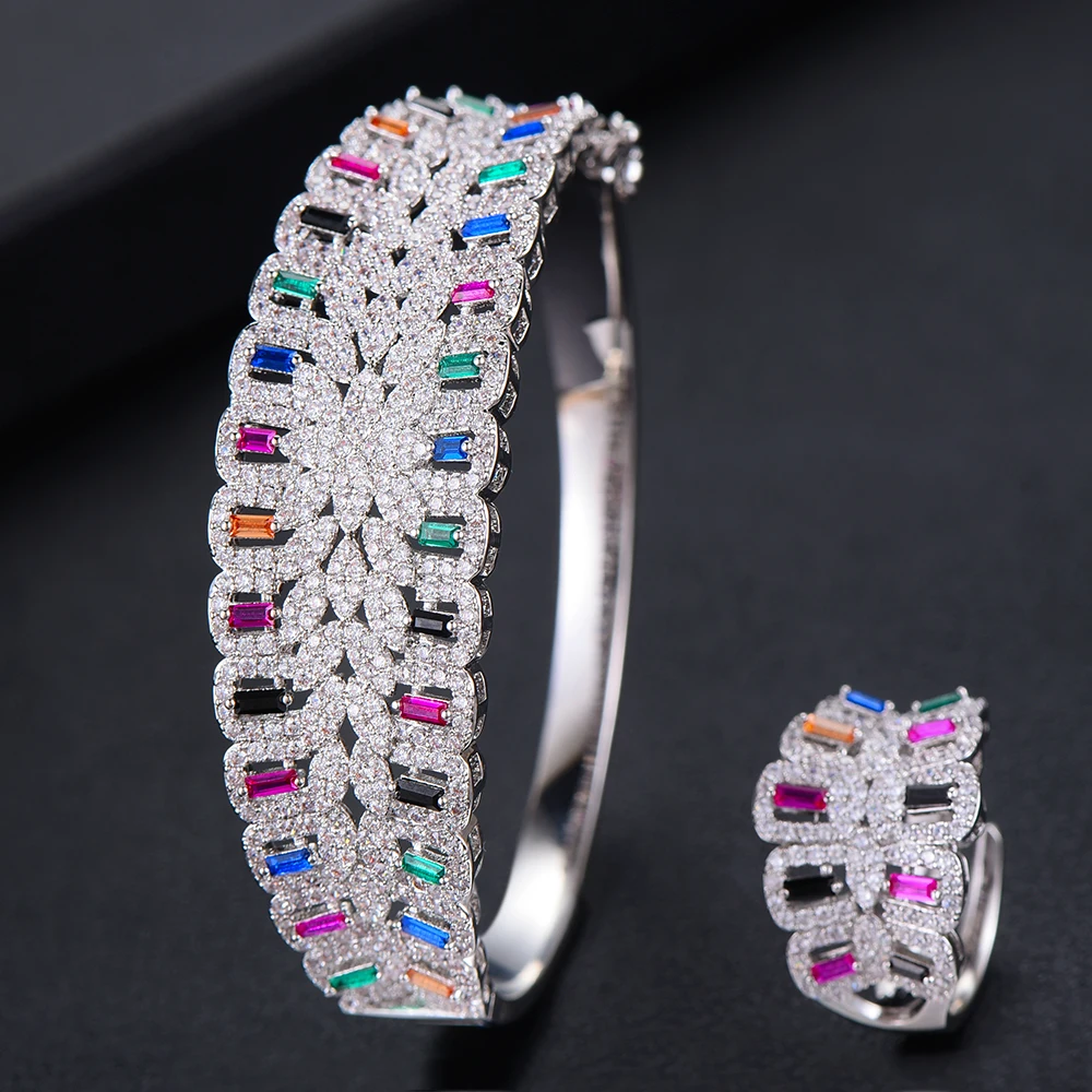 missvikki Handmade Prong Setting AAA CZ Bangle Open Ring Jewelry Set Luxury Gorgeous Geometric for Women Bridal Wedding | Украшения и