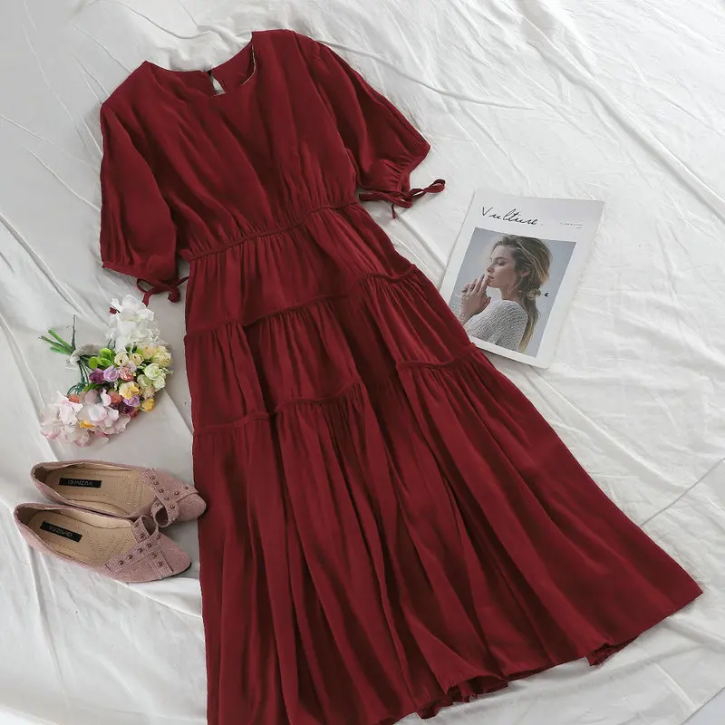 Women Dress Женское летнее Плиссированное бальное платье с круглым вырезом и коротким рукавом-фонариком, повседневное облегающее платье-пуловер с высокой талией на шнуровке - Цвет: Women Dress