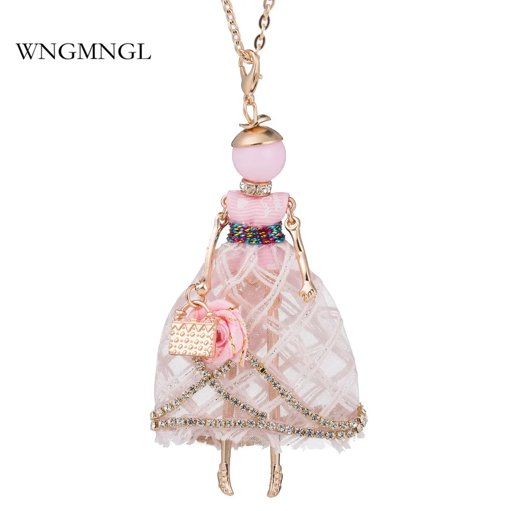 

WNGMNGL New Charm Embroidery Dress Crystal Handbag Cute Doll Pendant Long Chain Necklace For Women 2018 Fashion Jewelry Gift