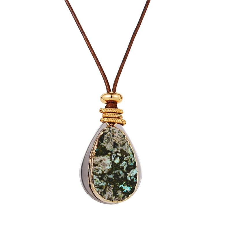 Natural Gem Stone Long Leather Rope Chain Necklace Unique Pattern Pendant Handmade Design For Women Men Charm Jewelry Statement | Украшения