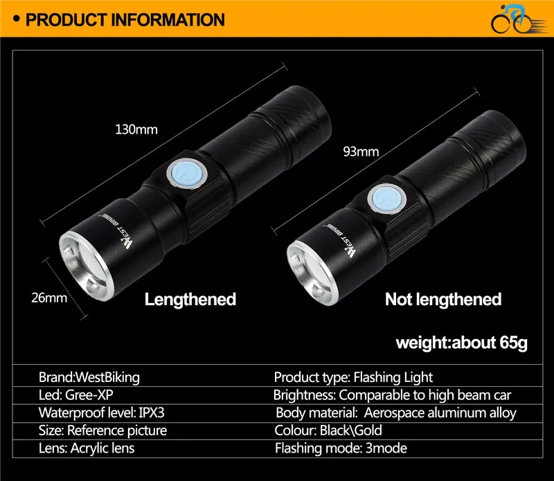 

WEST BIKING Bicycle Front Light LED USB Rechargeable Bike Zoom Lamp Cycling Light Waterproof Bike Torch Flashlight Headlamp