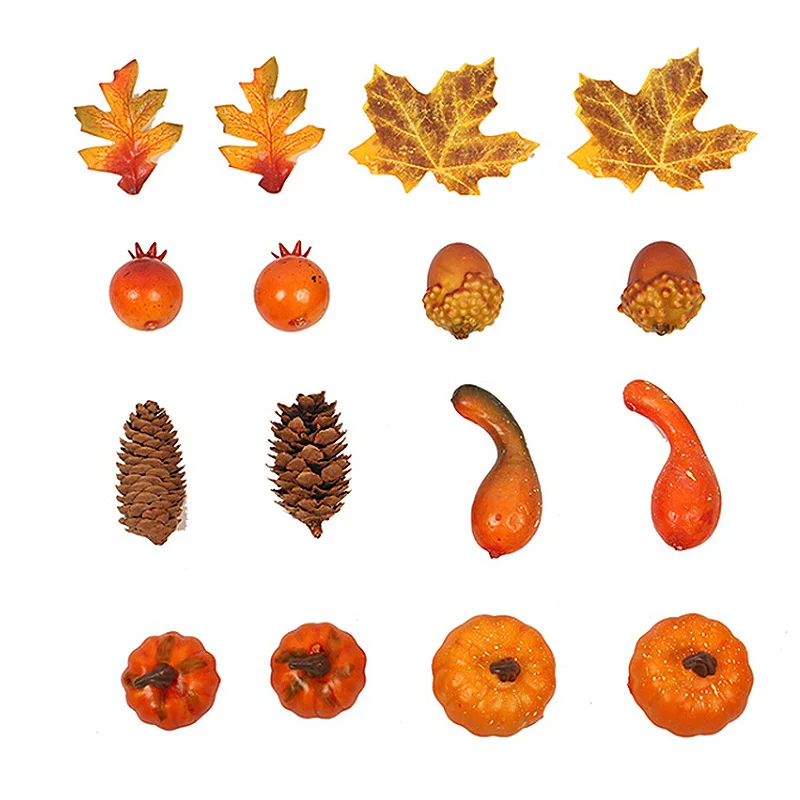 Искусственные тыквы миниатюрные с искусственными кленовыми листьями на