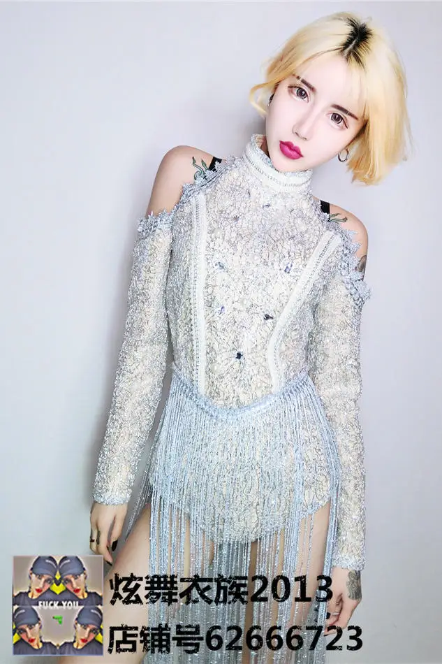 

New ds costume bar singer dance club nightclub sexy jazz stage costume silver tassel costume