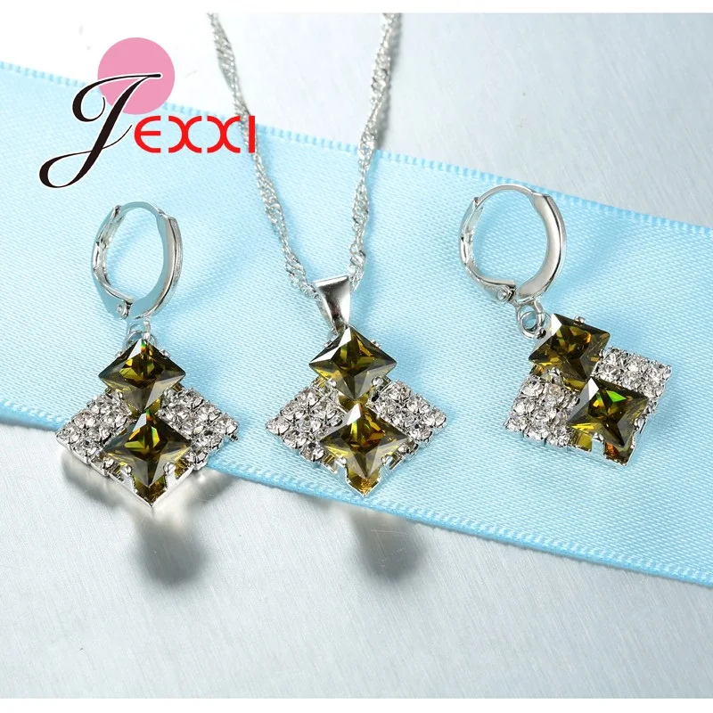 

Fast Shipping Women Accessory Quality Silver Austrian Crystal Rhinestones Square Pendant Necklace Earrings Jewelry Sets