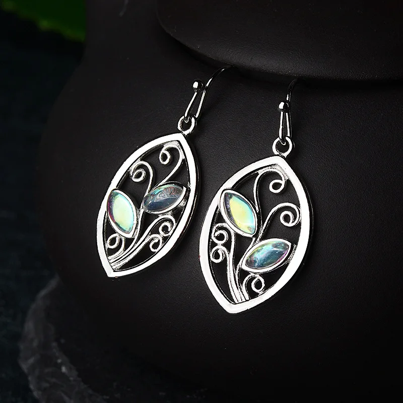 Креативные 925 Серебряные Eden красочные серьги из лунного камня европейские и американские листья серьги-Крючки для женщин модные подарки