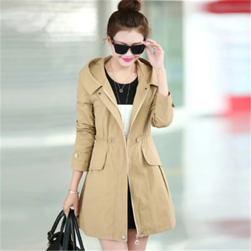 

Women Trench Coat 2017 Spring Autumn Women's Overcoat Female Long Hooded Coat Zipper Plus Size Slim Was Thin Cotton Outwear C201