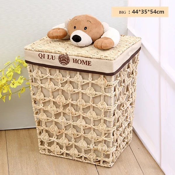 Natur disk flowe big Корзина для белья грязной одежды с крышкой для детей, большая соломенная корзина для хранения из ротанга, тканая коробка для хранения с рисунком медведя, кукурузной шелухи - Цвет: Natur disk flowe big