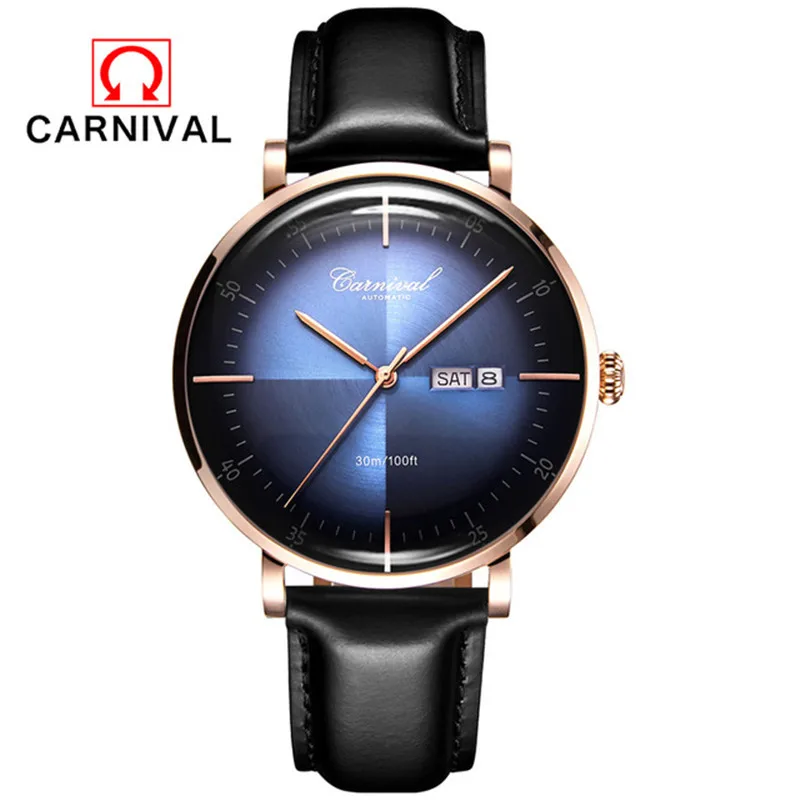 Rose gold Blue Карнавальные Роскошные мужские часы, мужские водонепроницаемые автоматические механические часы, мужские Модные наручные часы с кожаным ремешком, мужские часы - Цвет: Rose gold Blue