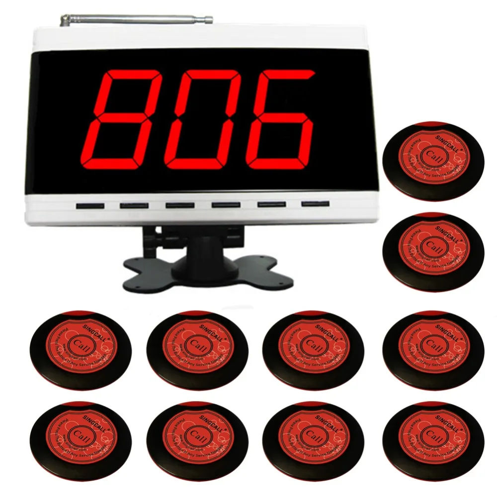 SINGCALL for Bank, Cafe, Bar, Wireless Hotel Service Calling System, 1 Screen Receiver and 10 APE700 Red Bells