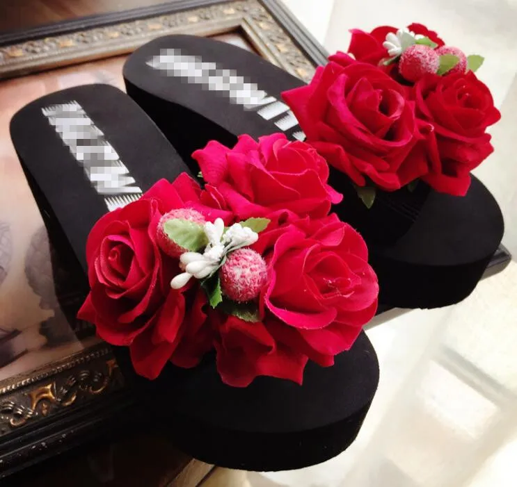 

HAHAFLOWER Women Fashion Summer Slippers Wedge Sandals Red Rose King Flip Flops House Shoes Beach Shower Slippers Shoes