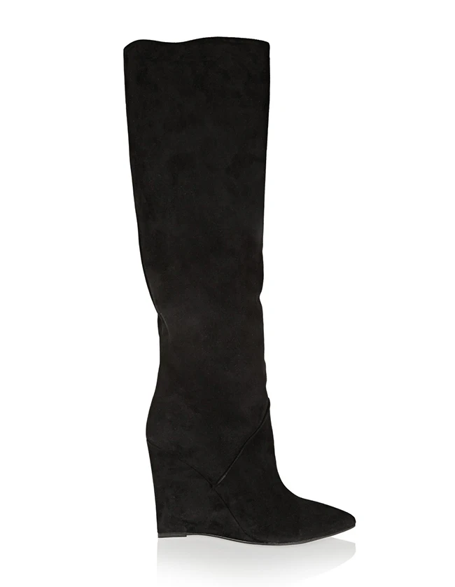 black Qianruiti/Новинка года; Осенняя обувь на танкетке; женская обувь; botas mujer; цвет черный, серый; Замшевые женские высокие ботинки; сапоги до колена на танкетке с острым носком - Цвет: black