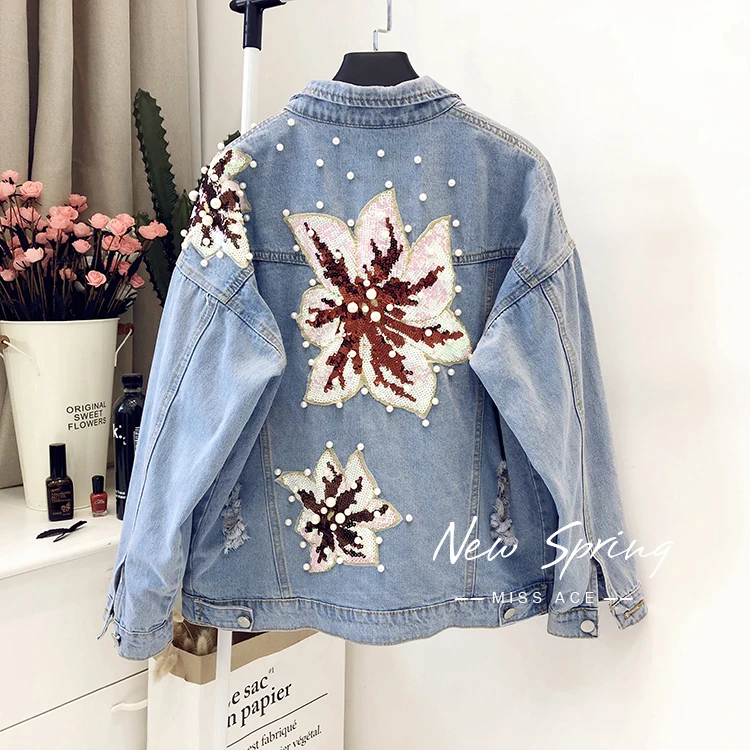 Cakucool джинсовая куртка для женщин Весна жемчуг бисер со стразами и узором в