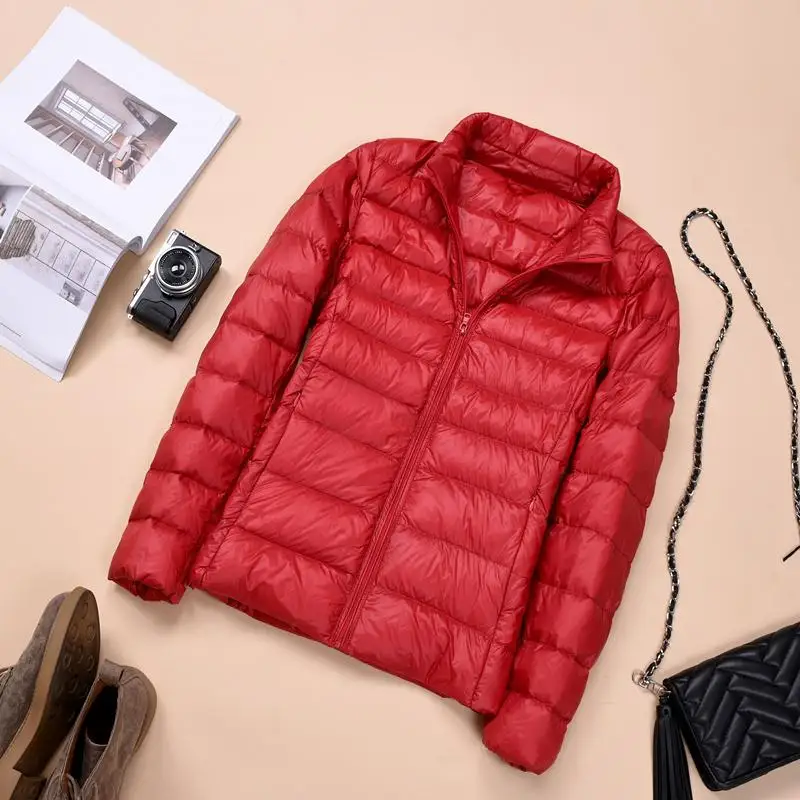 Женское пальто на утином пуху повседневное тонкое черное с воротником стойкой