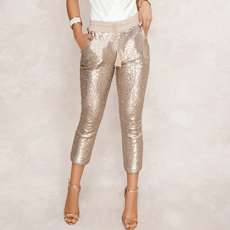Фото Fashion Sequin Pencil Pants 2020 New Hot Solid Black/Gold Women Drawstring Waist Bling Party Nightclub Calf-length Trousers Женская Fashion Sequin Pencil Pants 2020 New Hot Solid Black/Gold Women Drawstring Waist Bling Party Nightclub Calf-length Trousers Женская