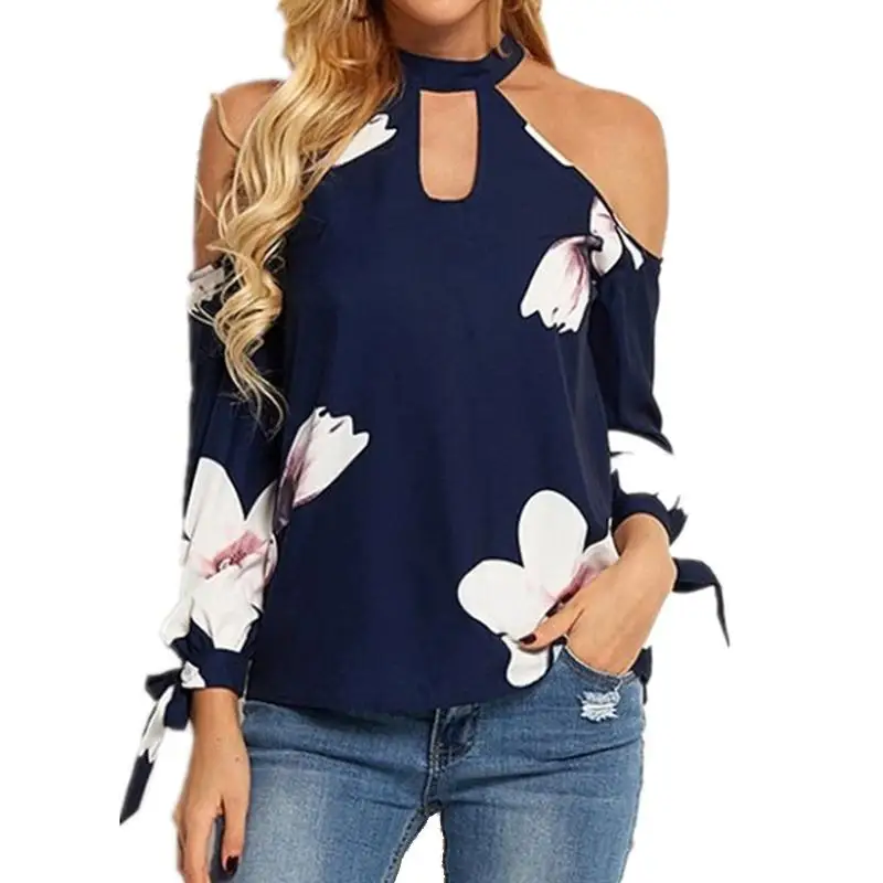 

MISSKY Women Summer Spring Blouse Sexy Off-shoulder Halter Stylish shirt Flower Print Long Sleeve Blouse Female Clothes
