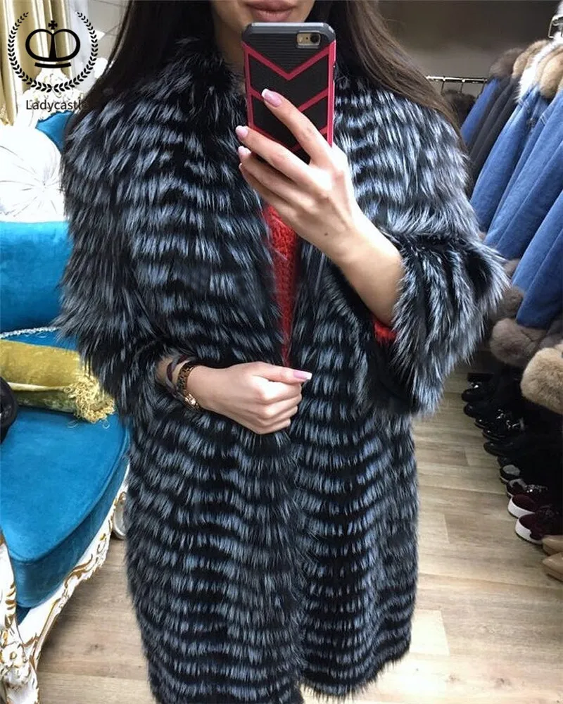 Новая шуба из натурального Лисьего меха, шуба из натурального Лисьего меха, толстая Женская куртка с v-образным вырезом, модная Длинная зимняя женская шуба из натурального меха, роскошная FC-142