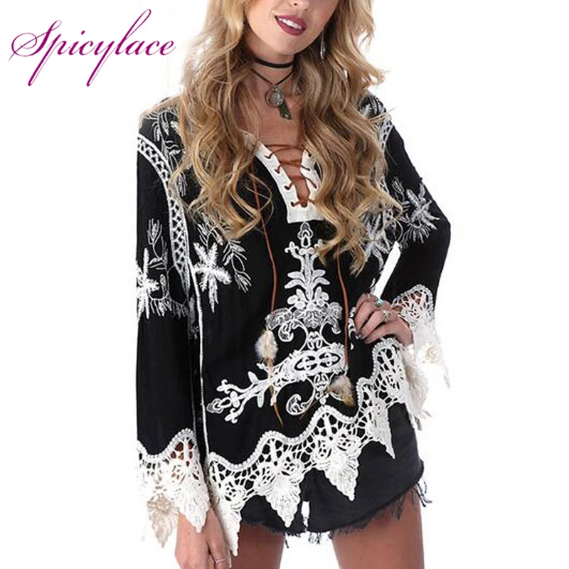Женская винтажная кружевная рубашка с v-образным вырезом летняя Свободная блузка
